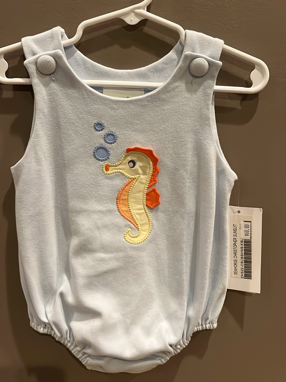 Light Blue Seahorse Appliqué Baby One-Piece Bodysuit 3m